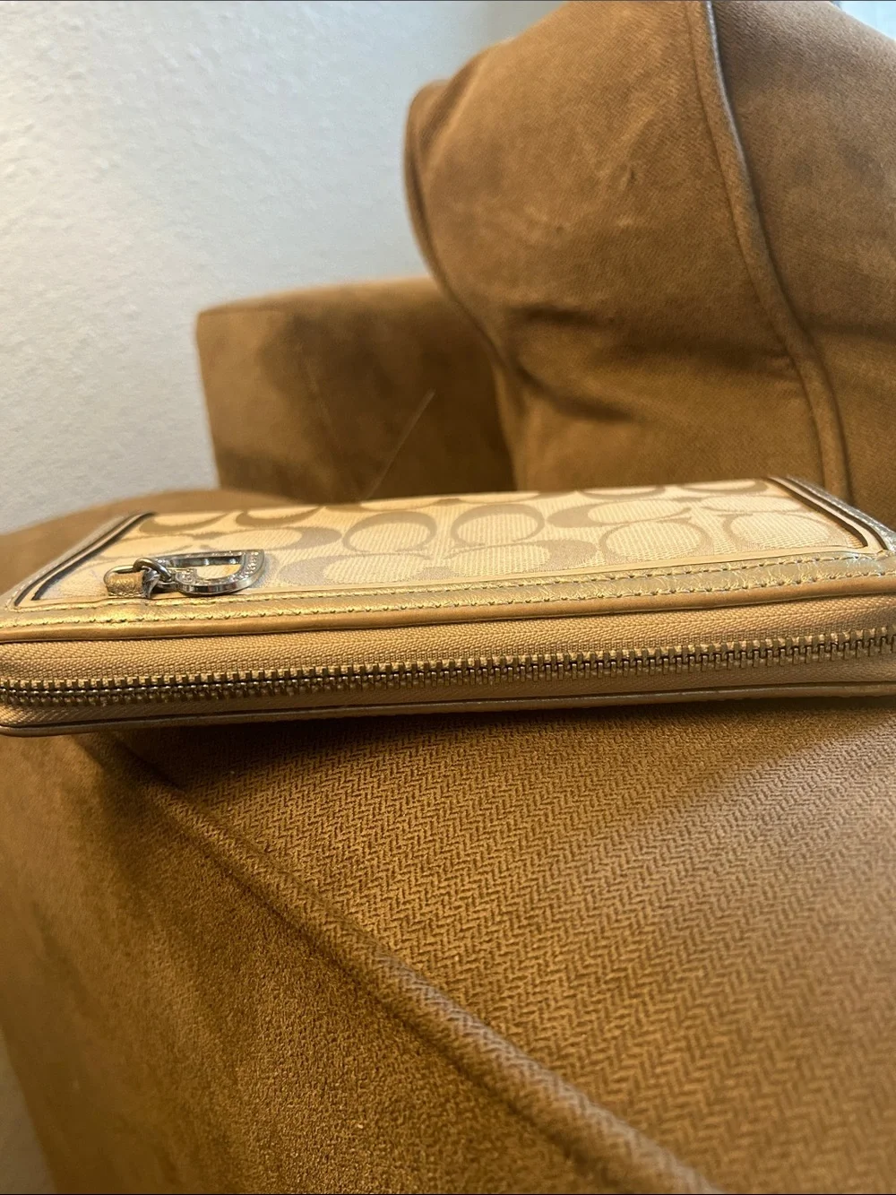 Coach Khaki/Tan Signature Continental Wallet with Heart Charm